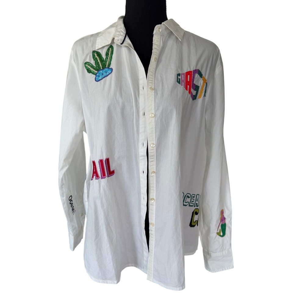 Gaastra Womens White Cotton Nautical Embroidered Beaded Button Down Shirt Medium